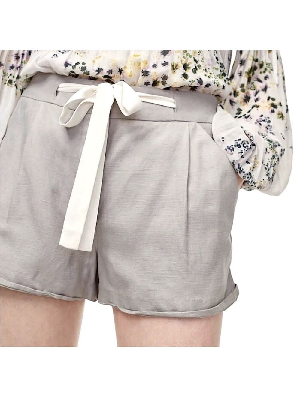 Aritzia Wilfred Allegra Pleated Short Gray Linen Blend Cuffed Silk Cord Sz 0